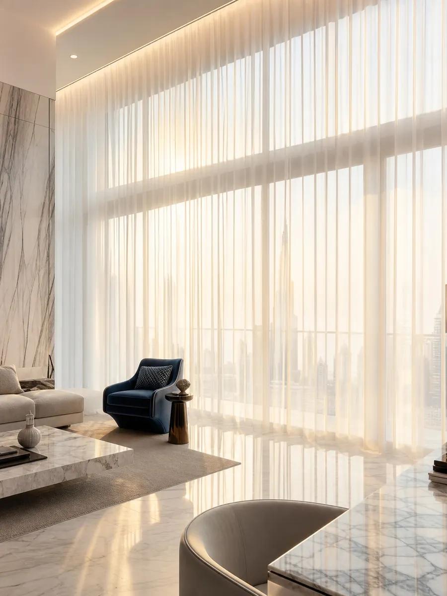 Sheer curtains filtering afternoon light in a Dubai apartment